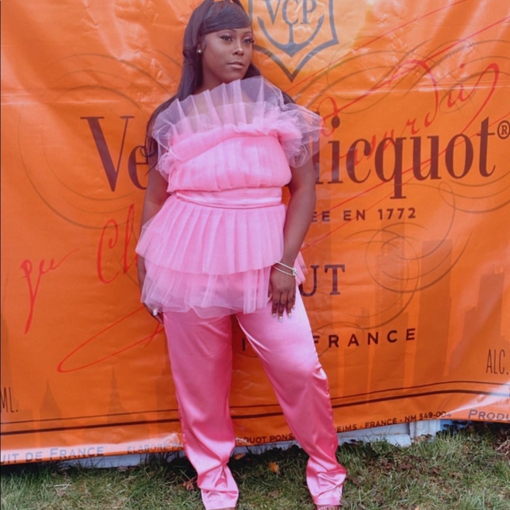 Pink custom Ruffle top and satin pants